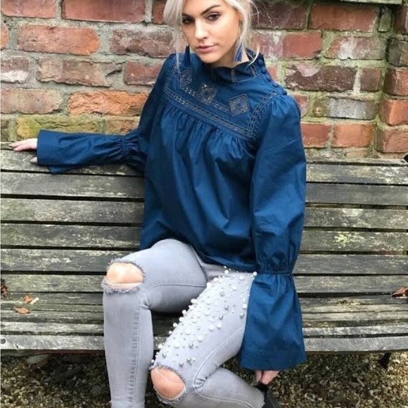 FREE PEOPLE Another Eternity Eyelet Bell Sleeve Top Blue - Picture 16 of 16